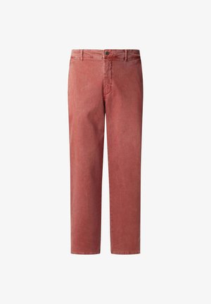Rote Baumwoll-Chinos mit geradem Bein, versehen mit einem Reißverschluss und einem Knopfverschluss an der Vorderseite sowie einer dezenten Textur.