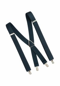 Dark blue elastic suspenders with silver metal clips and a triangular connector. Textured fabric provides grip and durability.