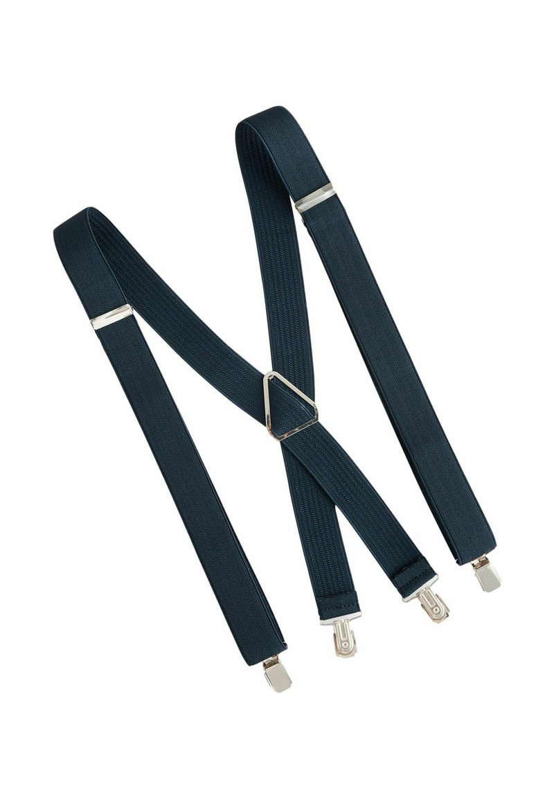 Dark blue elastic suspenders with silver metal clips and a triangular connector. Textured fabric provides grip and durability.
