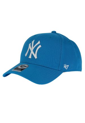Blåt justerbart baseballkasket med hvidt broderet New York Yankees-logo foran og lille hvidt '47'-logo på siden.