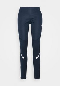 Leggings atletici blu navy realizzati in tessuto elasticizzato, con dettagli riflettenti, design aderente e texture liscia.