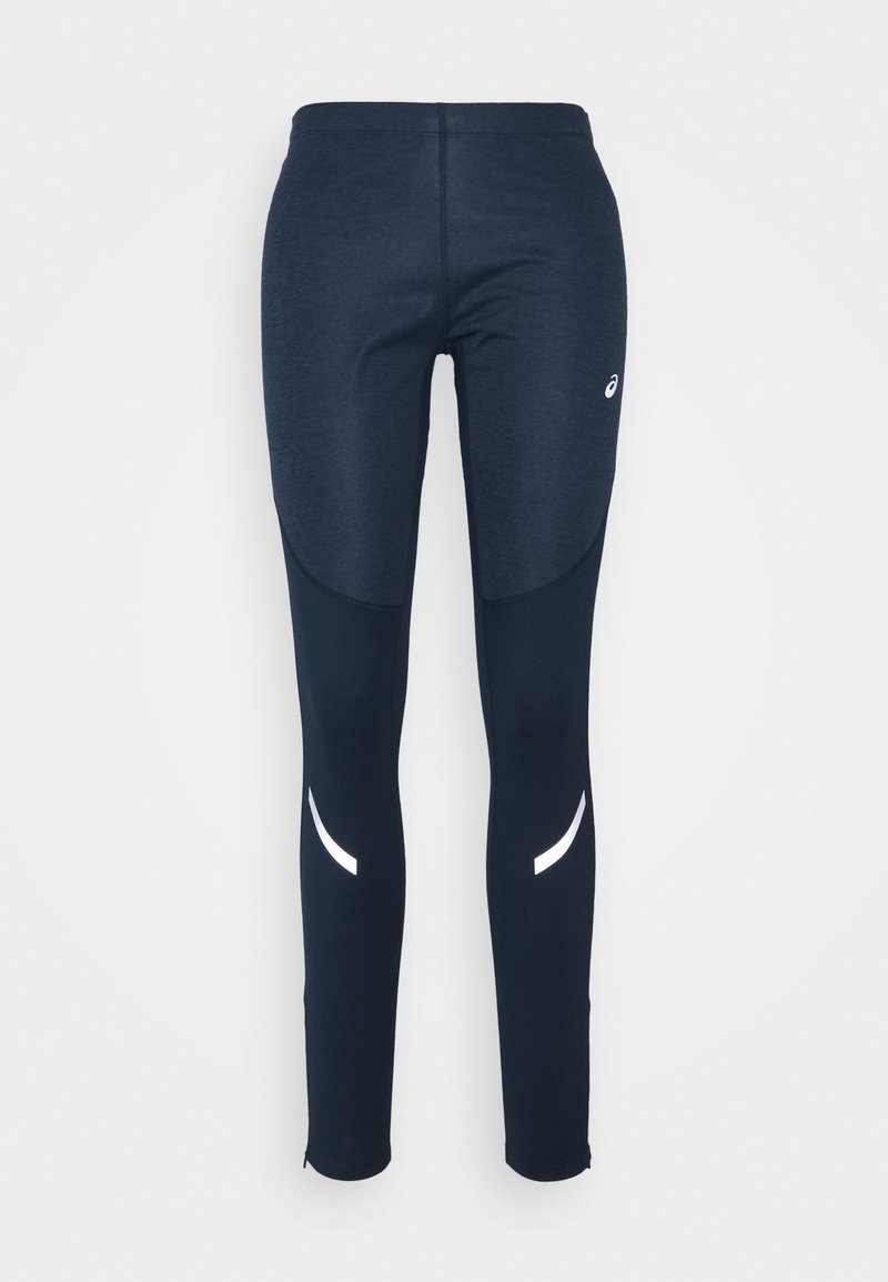 Leggings atletici blu navy realizzati in tessuto elasticizzato, con dettagli riflettenti, design aderente e texture liscia.
