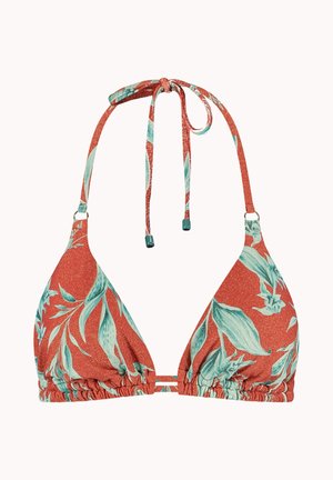 Dreieckiges Bikinioberteil in rostorange mit türkisfarbenem Blumenmuster, verstellbaren Nacken- und Rückenbändern sowie einem gerafften elastischen Unterbrustband.