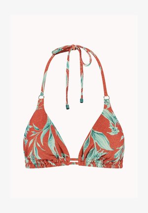 Trojúhelníkový bikinový top v barvě rezavě oranžové s tyrkysovým květinovým potiskem, nastavitelná šňůrka za krkem a na zádech, a elastický pás s tkaním pod prsy.