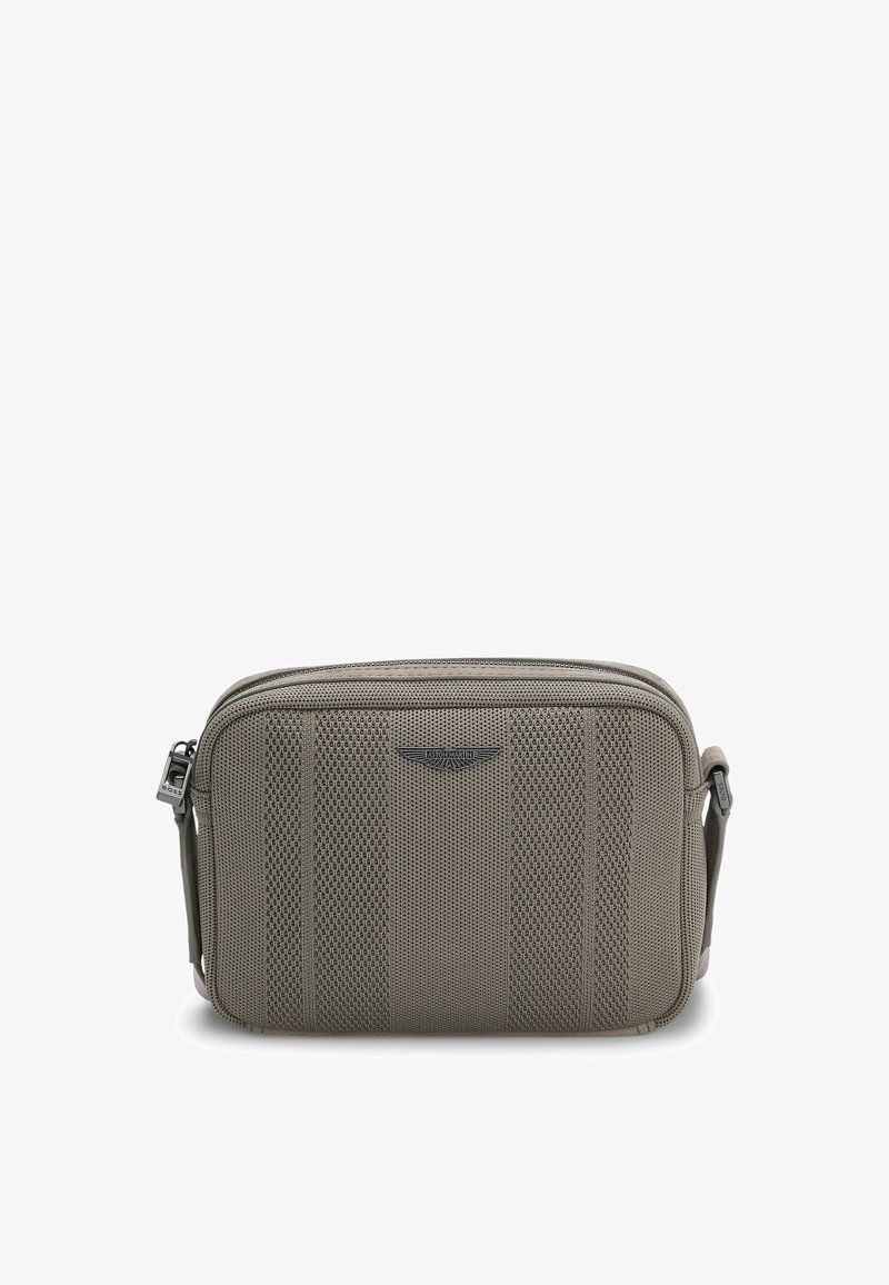 Gray messenger bag with a textured, mesh-like exterior, featuring a top zip closure and an embossed logo on the front.
