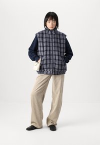 Tumši zilas un pelēkas svītrains veste ar augstu apkakli, uzvilkta virs tumša garām piedurknēm krekla, kombinēta ar bēšiem korduroja biksēm un melniem apaviem.