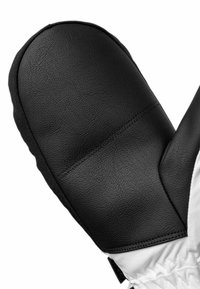 Schwarze Lederhandschuhe mit glatter Textur, die weiße Stoffakzente und Nähte für zusätzliche Details aufweisen. Ergonomisch geformt für mehr Komfort.