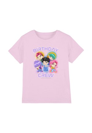 Light purple children’s T-shirt with colorful five cartoon characters and the text "Birthday Crew" in bold letters.