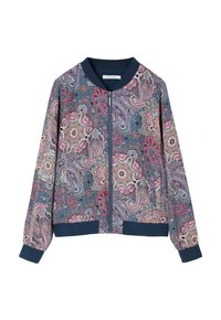 Mustriga bomber jacket, millel on lille- ja paisleimusega roosa, sinise ja lillaga, ning kindel tumesinist värvi ribatud krae ja mansetid.
