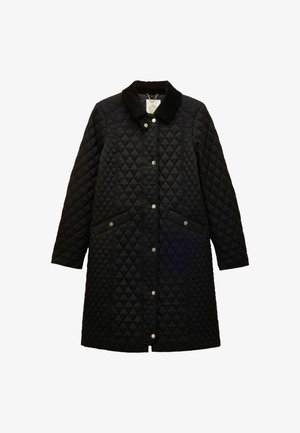 Mustaline tikandiga pikk jakk, millel on teemantimuster, eest nupuklõpsud, küljetaskud nupuklõpsudega ja pehme krae.