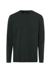 Czarna bawełniana koszula z długim rękawem w kolorze ciemnozielonym, z okrągłym dekoltem i metką przy końcu. Gładka faktura i luźny krój.
