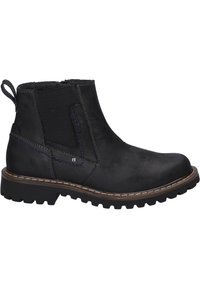 Schwarze Stiefeletten mit mattem Finish, elastischen Seitenpaneelen, strukturiertem Innenfutter und einer robusten Sohle mit kontrastierendem braunem Profil und Nähten.