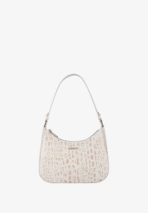 Crocodile-embossed leather handbag in off-white with a single adjustable strap and a zip closure. Features subtle logo detail.