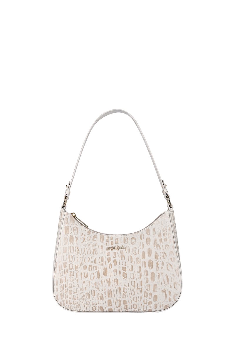 Krokodilprägung Lederhandtasche in Off-White mit einem verstellbaren Tragegurt und einem Reißverschluss. Mit dezentem Logo-Detail.