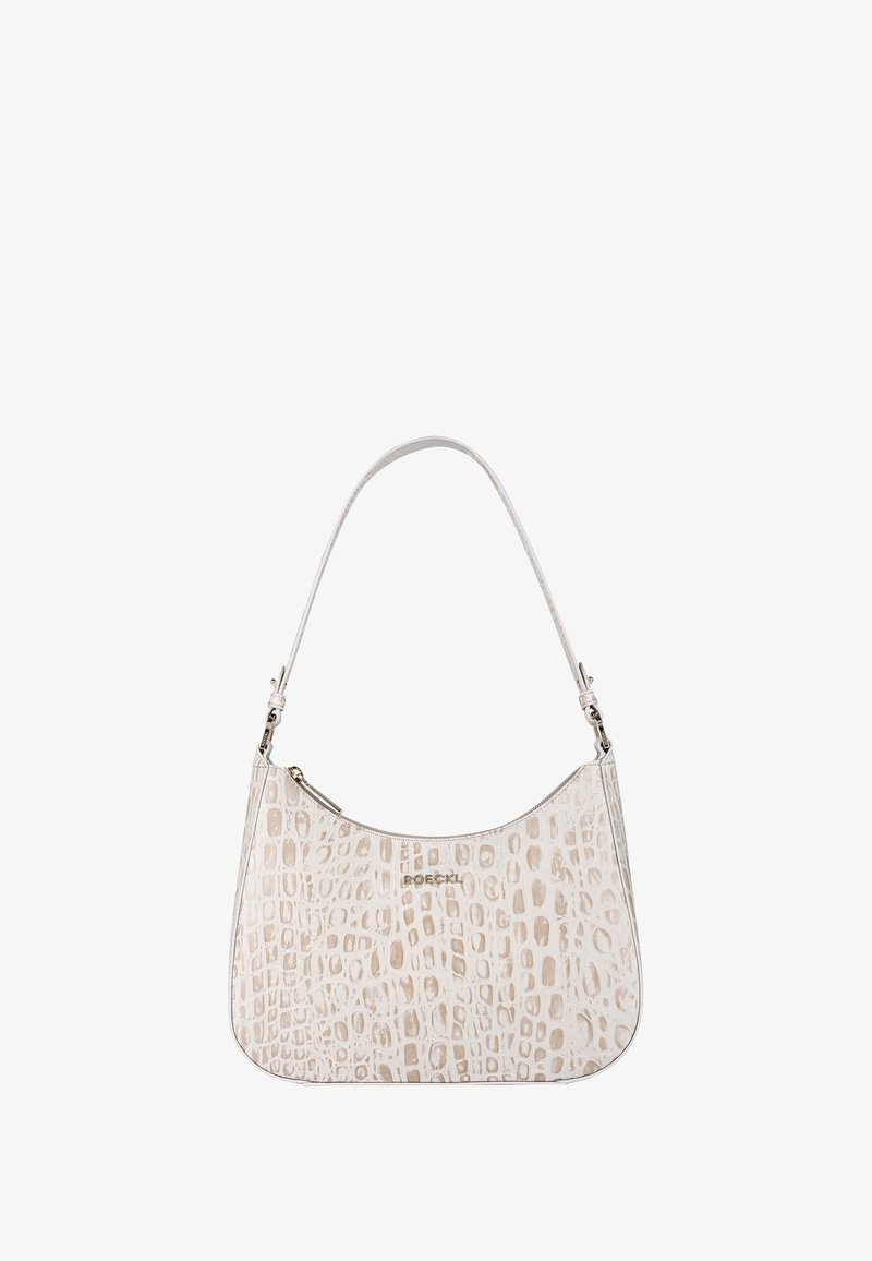Crocodile-embossed leather handbag in off-white with a single adjustable strap and a zip closure. Features subtle logo detail.
