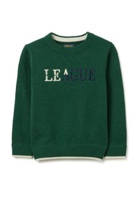 Maglione verde lavorato a maglia con scollatura rotonda, caratterizzato da ricamo "LEAGUE" in lettere bianche e blu navy, con polsini e orlo a coste.