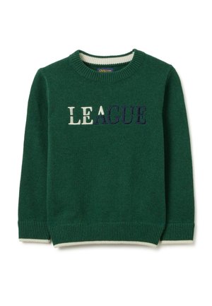 Groene gebreide trui met ronde halslijn, voorzien van geborduurde "LEAGUE" in witte en marineblauwe letters, geribbelde manchetten en onderrand.