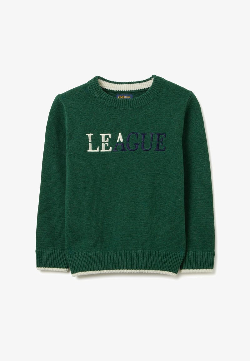 Maglione verde lavorato a maglia con scollatura rotonda, caratterizzato da ricamo "LEAGUE" in lettere bianche e blu navy, con polsini e orlo a coste.