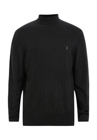 Maglione dolcevita nero realizzato in morbido tessuto a maglia, con maniche lunghe, colletto e polsini a coste, e un piccolo logo ricamato sul petto.