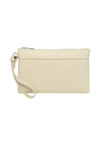 Borsa a tracolla in pelle beige con finitura testurizzata, chiusura a zip e tracolla. Presenta un logo in rilievo argentato sul davanti.