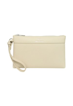 Borsa a tracolla in pelle beige con finitura testurizzata, chiusura a zip e tracolla. Presenta un logo in rilievo argentato sul davanti.