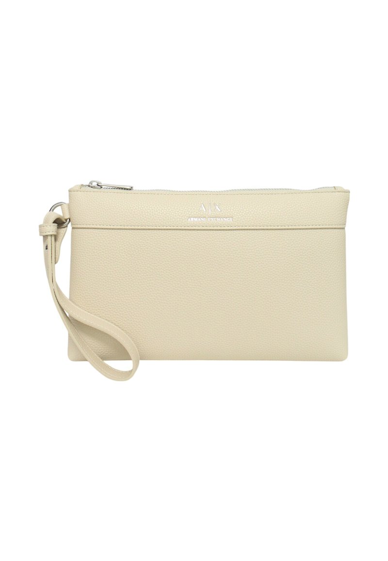 Borsa a tracolla in pelle beige con finitura testurizzata, chiusura a zip e tracolla. Presenta un logo in rilievo argentato sul davanti.