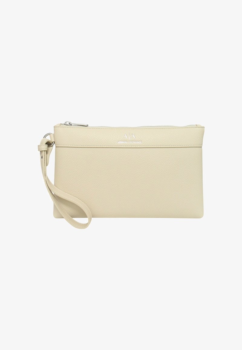 Borsa a tracolla in pelle beige con finitura testurizzata, chiusura a zip e tracolla. Presenta un logo in rilievo argentato sul davanti.