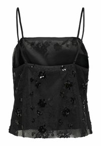 Czarny top bez rękawów z kwiatową koronką i cekinami. Teksturowana siateczka z regulowanymi ramiączkami i gładką satynową podszewką.