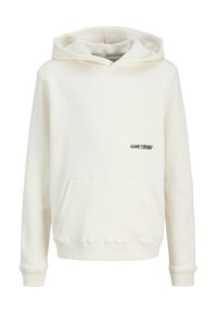 Lichtcrème hoodie van zacht stof, met een kangoeroezak, ribgebreide manchetten en zoom, en een klein zwart logo op de voorkant.