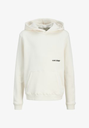Lichtcrème hoodie van zacht stof, met een kangoeroezak, ribgebreide manchetten en zoom, en een klein zwart logo op de voorkant.