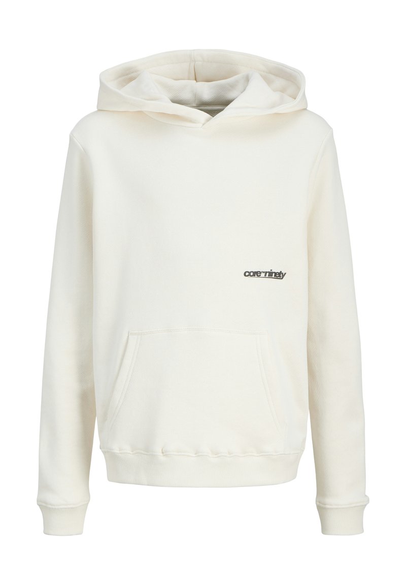Lichtcrème hoodie van zacht stof, met een kangoeroezak, ribgebreide manchetten en zoom, en een klein zwart logo op de voorkant.