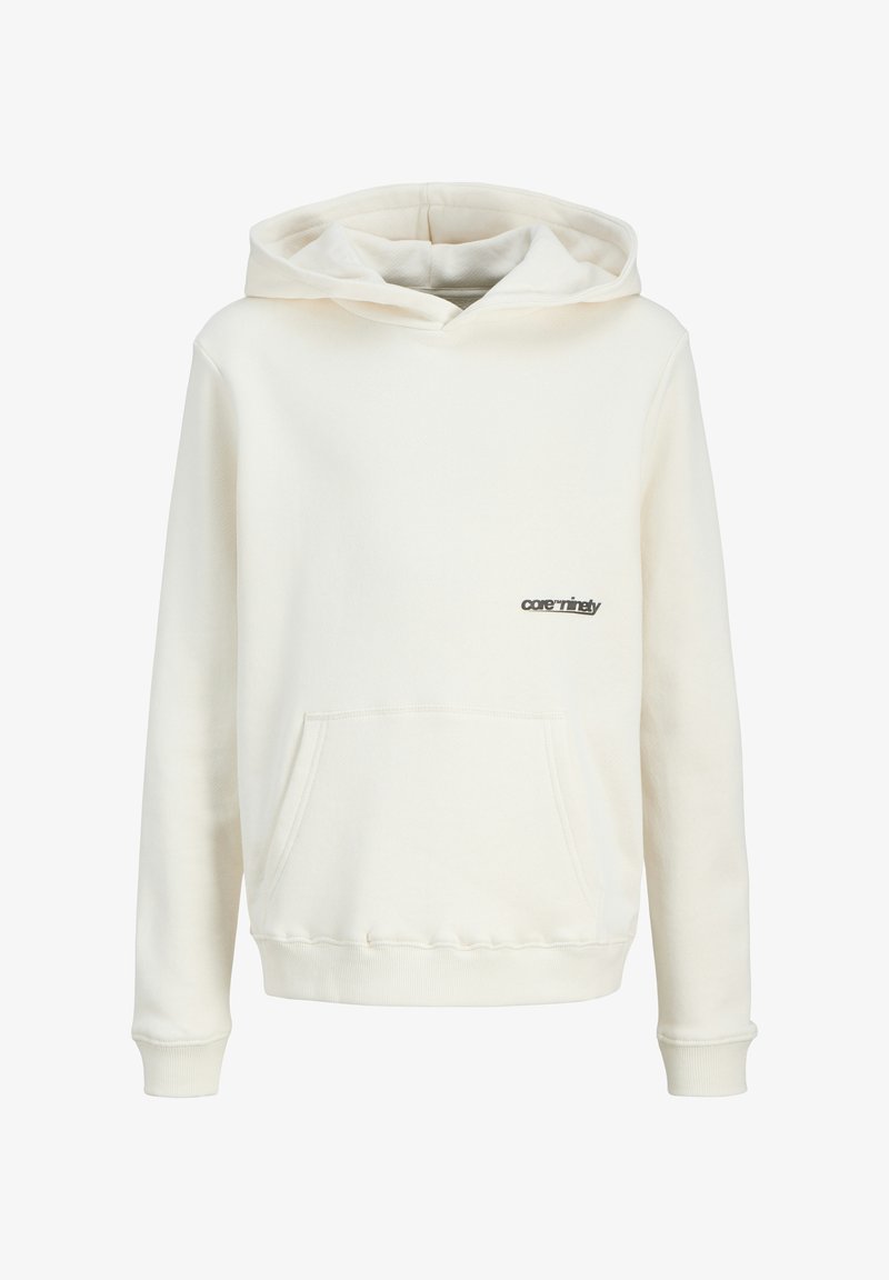Lichtcrème hoodie van zacht stof, met een kangoeroezak, ribgebreide manchetten en zoom, en een klein zwart logo op de voorkant.
