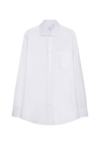 Camicia bianca a maniche lunghe in cotone, con colletto classico, bottoni frontali, taschino sul petto e orlo arrotondato.