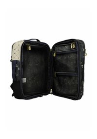 Marineblauer und cremefarbener Rucksack mit geometrischem Muster, doppelten Reißverschlussverschlüssen, Innenfächern und Netzcompartments. Weicher, strapazierfähiger Stoff.