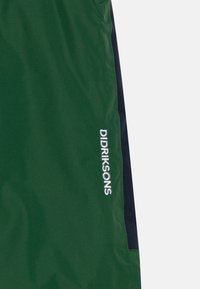 Žalia ir tamsiai mėlyna striukė, pagaminta iš lygios, vandeniui atsparios medžiagos. Ant šono išsiuvinėtas "DIDRIKSONS" logotipas.