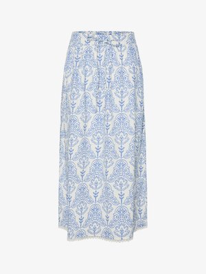 Gonna bianca con motivo floreale blu, caratterizzata da pieghe e un bordo in pizzo lungo l'orlo. Realizzata in tessuto leggero, con una vita con lacci.
