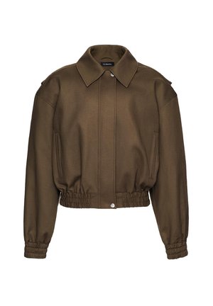 Pruun lühike jakk laia krae, elastsete varrukaotste ja vöökohaga, ees pressnuppudega ning küljetaskutega.