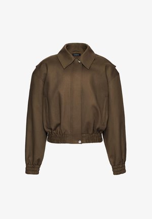 Pruun lühike jakk laia krae, elastsete varrukaotste ja vöökohaga, ees pressnuppudega ning küljetaskutega.