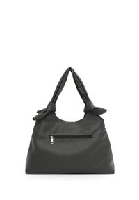 Tmavě šedá kožená kabelka se zauzlovanými rukojeťmi, hladkou strukturou a přední kapsou na zip. Tvarovaná silueta a prostorný design.