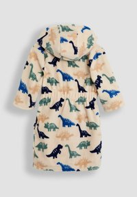 Fleece-Robe mit einem Dinosauriermuster in Grüntönen, Blau, Schwarz und Beige, mit Kapuze und elastischem Bund.
