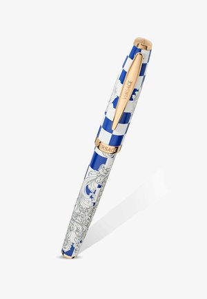 Długopis Versace w niebiesko-białą kratkę, ozdobne srebrne detale i złoty klips. Gładka, błyszcząca powierzchnia z brandingiem.