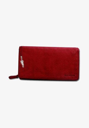 Red leather wallet with a textured surface, zipper closure, and a silver charm attached. Features embossed text "OLD RIVER" on the front.