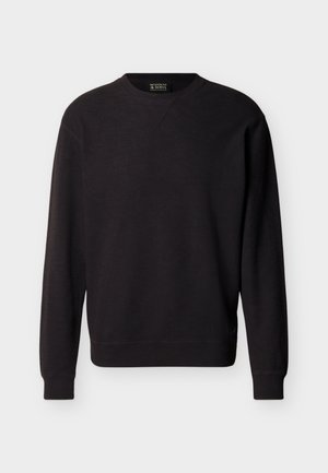 Sort langærmet crewneck-sweatshirt med ribbet manchetter og kant, med diskret struktureret stof og et lille syet V-detalje under kraven.