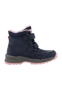 Bottines bleu marine avec doublure en fausse fourrure rose, deux sangles réglables, semelle grise et semelle en caoutchouc texturé rose pour une meilleure adhérence.