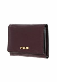 Portefeuille en cuir bordeaux avec une finition texturée, logo doré "PICARD", design à trois volets et bordures noires. Forme compacte et rectangulaire.