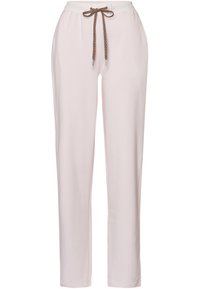 Lichtroze sweatpants van zacht materiaal, met een elastische tailleband en een bruine trekkoord, en een rechte pijpdesign.