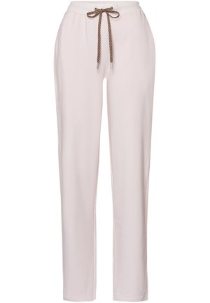 Lichtroze sweatpants van zacht materiaal, met een elastische tailleband en een bruine trekkoord, en een rechte pijpdesign.