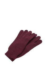 Guanti lavorati a maglia in un profondo bordeaux, caratterizzati da una texture liscia e un design a cinque dita con polsini a costine.