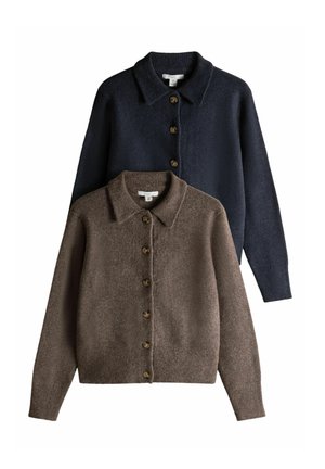 Two button-up wool cardigans with collars, one dark navy and one brown, displayed layered on a white background.