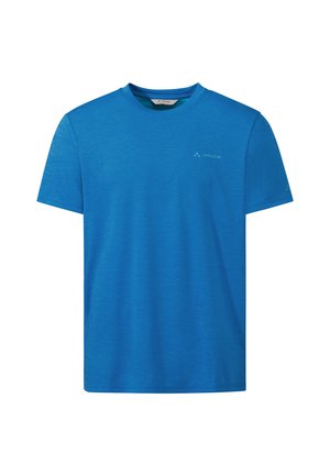 Blaues T-Shirt mit kurzen Ärmeln und Rundhalsausschnitt, dezent texturiert, mit kleinem "Vaude"-Logo auf der linken Brust und am linken Ärmel.